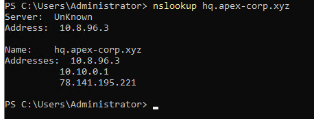 nslookup command resolving hq.apex-corp.xyz to the DC IP 10.8.96.3