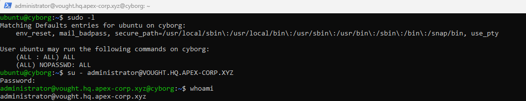 Linux terminal showing su command used to switch to administrator@vought.hq.apex-corp.xyz successfully
