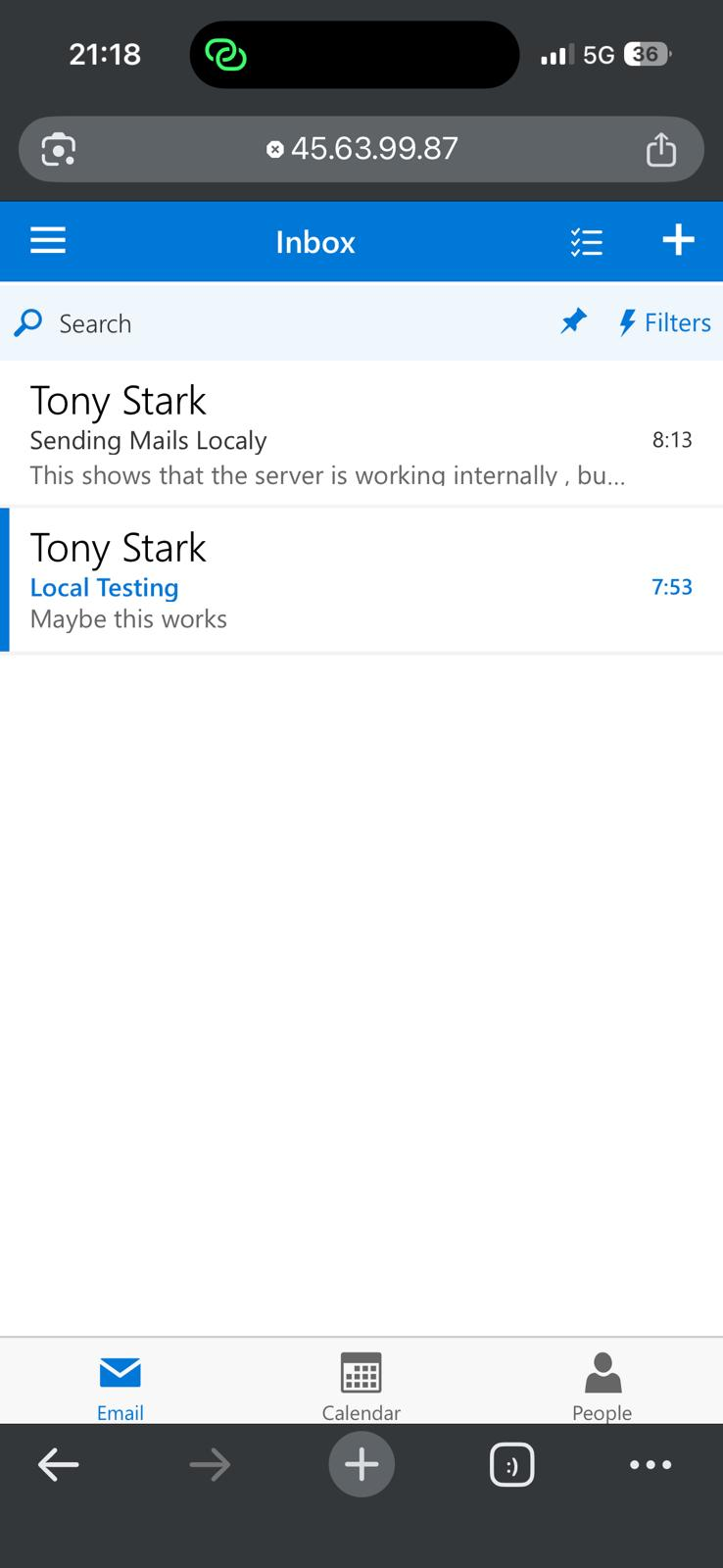 Mobile OWA inbox for Bruce Wayne showing test emails received from Tony Stark