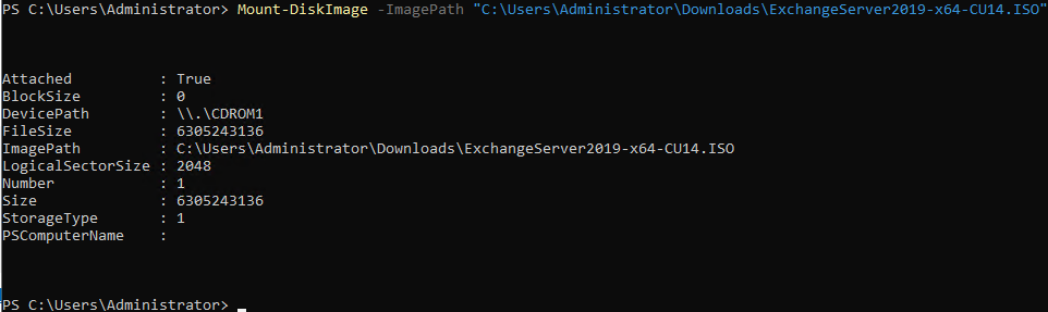 PowerShell running Mount-DiskImage for the Exchange ISO