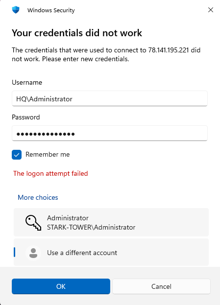 RDP login screen showing HQ\Administrator entered as the username